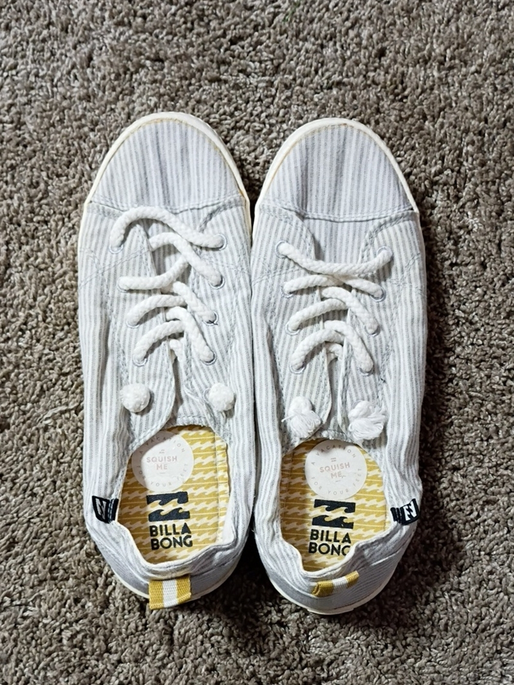 Billabong White Striped Canvas Sneakers with Pom-Pom Laces